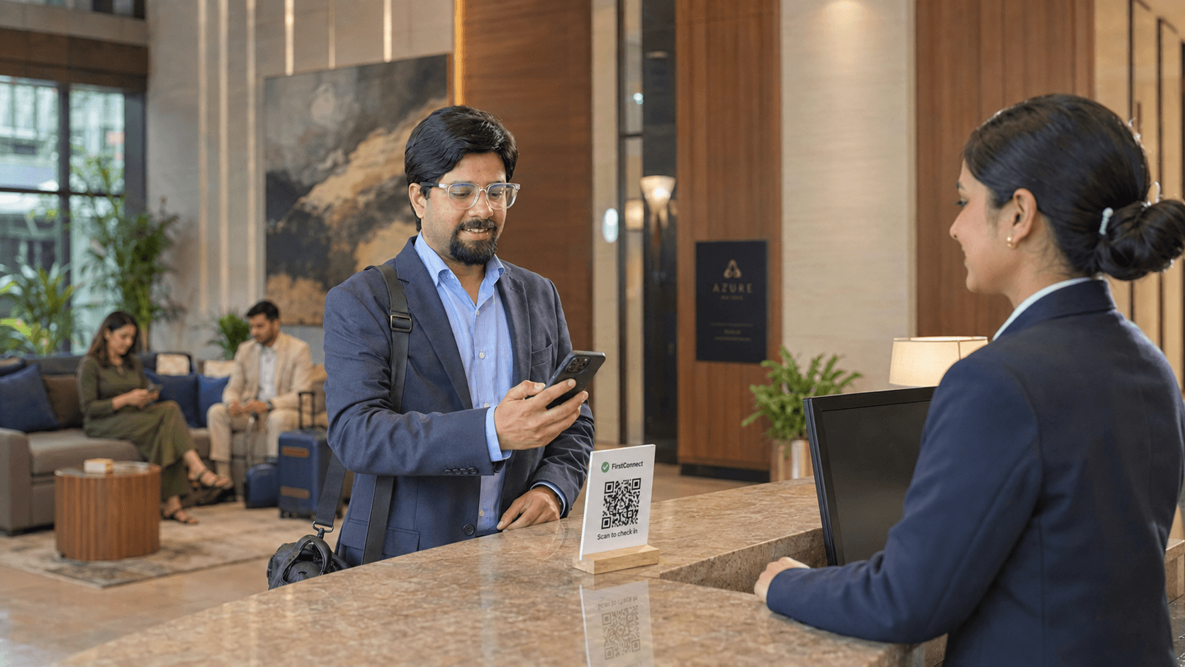 Guest completing a digital check-in at a hotel reception
