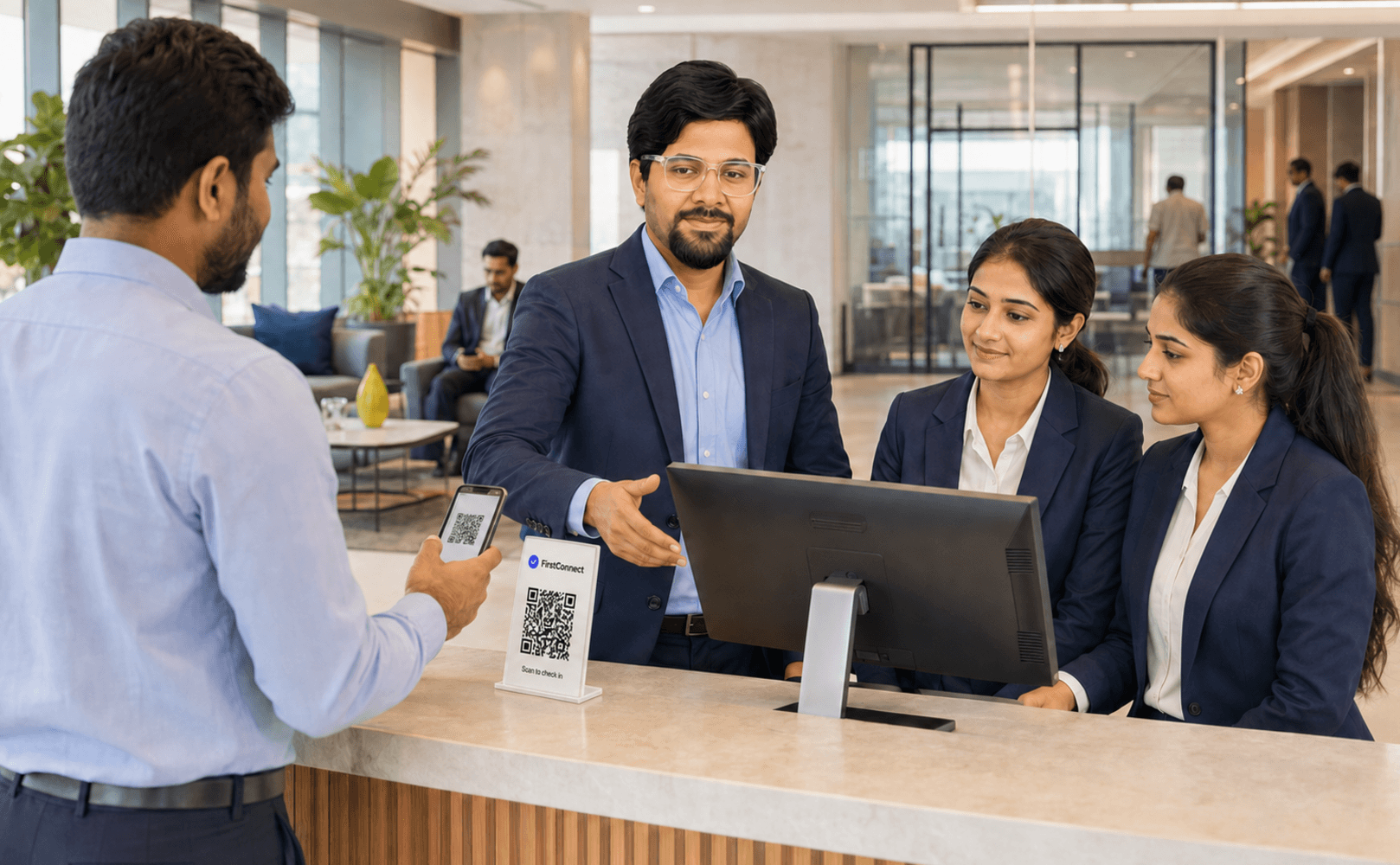 Three hotel team members assisting a guest at the reception workstation
