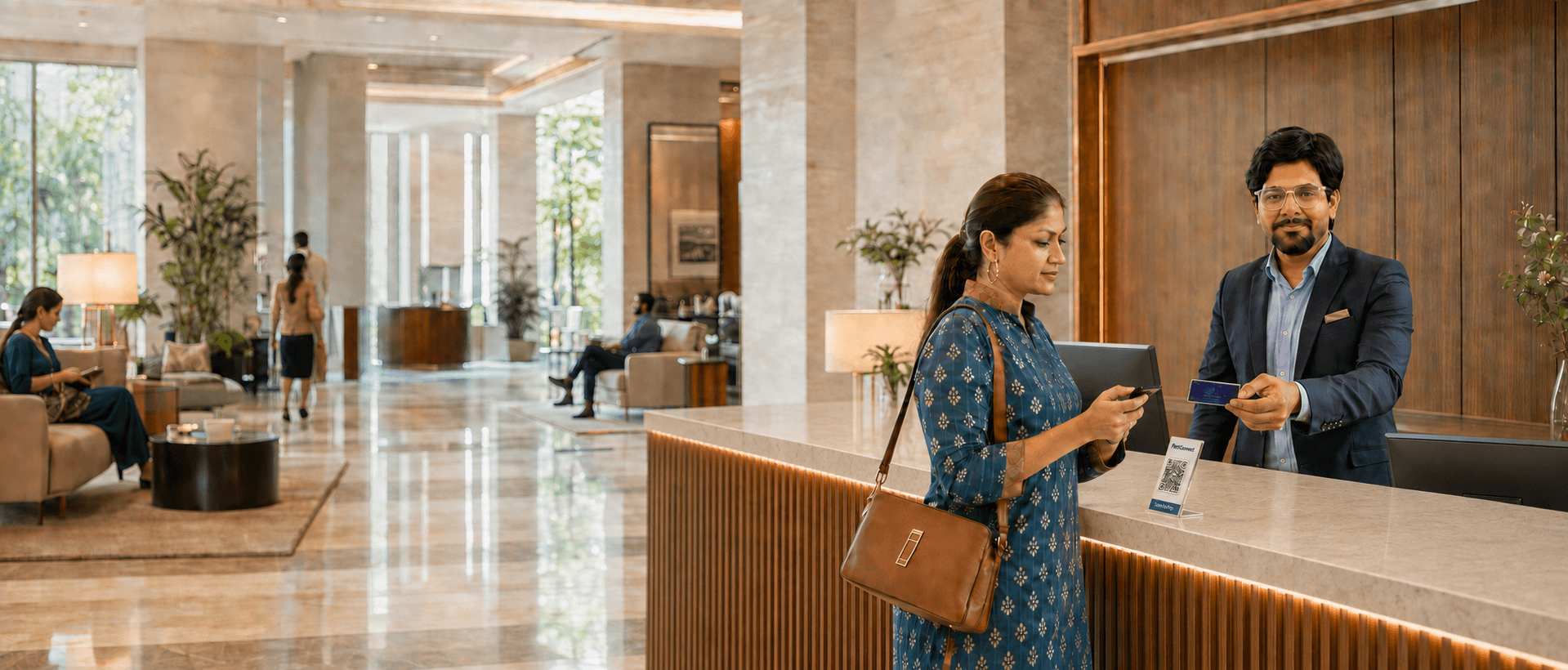 Guest using a phone at a hotel reception desk while a staff member assists