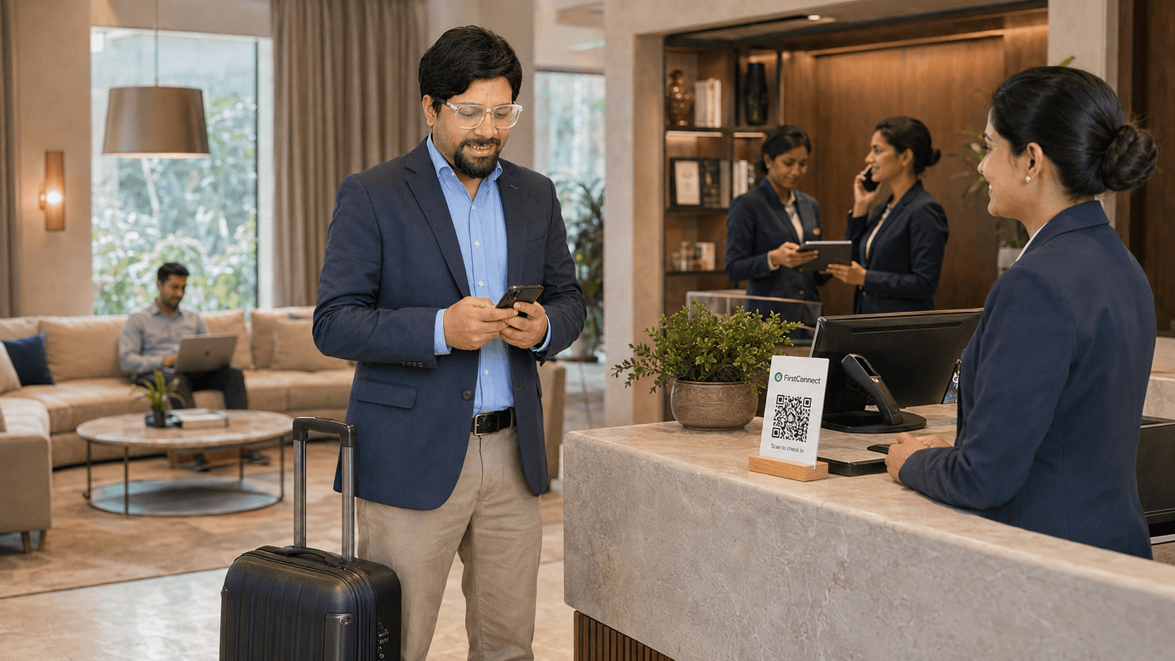 Guest with luggage using a phone while reception and property staff coordinate an arrival